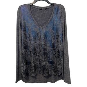 Seven7 Metallic Knit Shirt Gray Blue Vneck Large